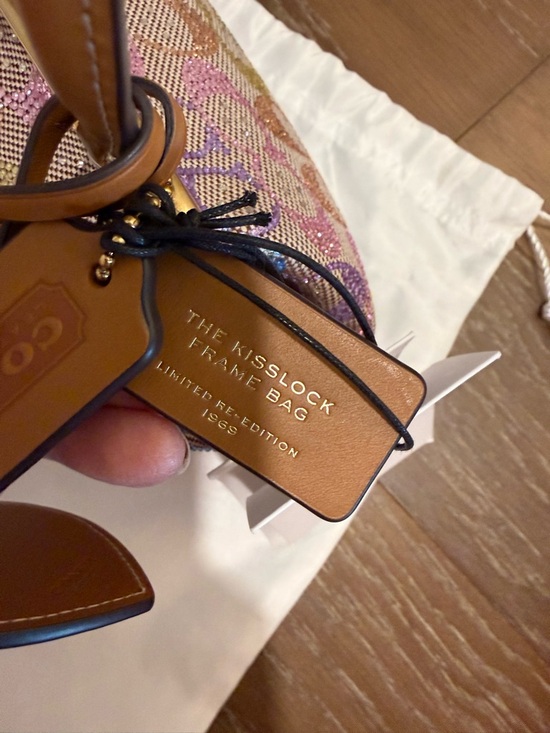 Coach Crystal Rainbow Signature Kisslock Bag with Tan Leather and Brass Hardware - Picture 7 of 15